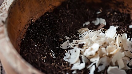 White shavings mixed into dark soil in a wooden bowl.
