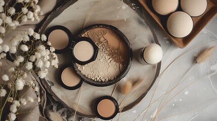 Various shades of pressed powder displayed on a surface.
