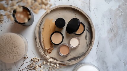 Assorted makeup products displayed on a tray.