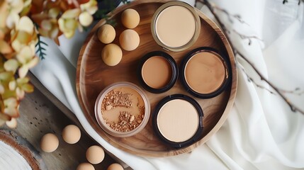 Assorted shades of pressed powder makeup displayed on a wooden tray.