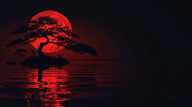 Japanese-style dark landscape featuring a glowing red moon desktop wallpaper, pc wallpaper 4k