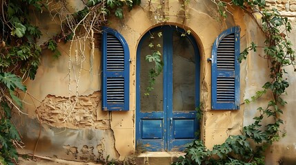 Aged, weathered stucco wall with a vintage blue archway doorway.