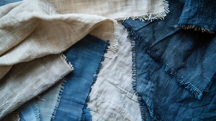 A collection of natural fiber fabrics in various shades of beige and blue.