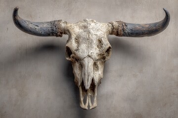 Aged bull skull with textured horns displayed on a rustic background showcasing weathered details and natural aging