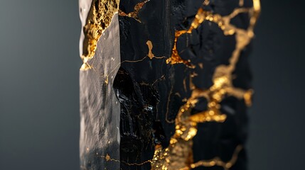 Close-up view of a black and gold abstract piece.