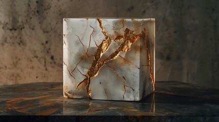 A sculpted, cracked cube of white stone, accented with gold leaf.