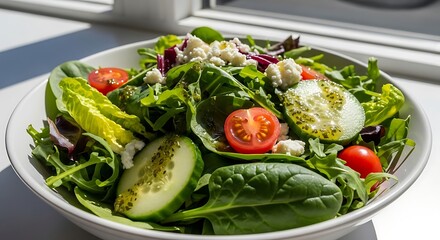 A fresh mixed green salad with cucumber and tomatoes