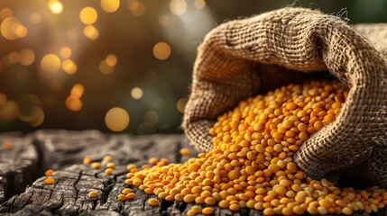 A bounty of yellow lentils spilling from a burlap sack onto a rustic wooden surface.