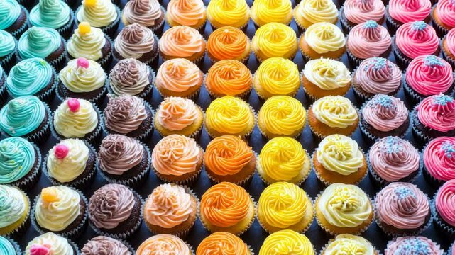 Colorful cupcake rows showcasing vibrant frosting patterns and textures in a lively dessert display