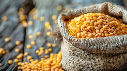Close-up of yellow lentils in a burlap sack.