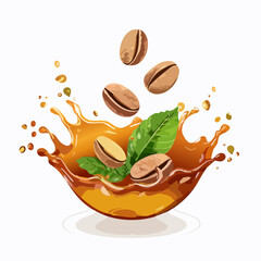 Coffee Beans Splashing into Brown Liquid with Green Leaves