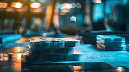 Stacks of plastic containers with printed designs on a table.