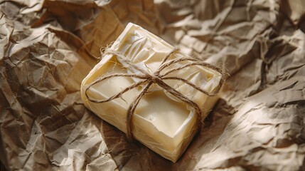Creamy handmade soap tied with twine on kraft paper.