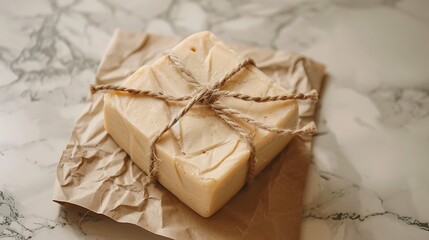 Square bar of handmade soap wrapped in brown paper.
