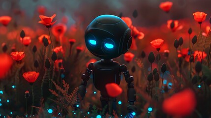 Futuristic robot in a field of poppies.