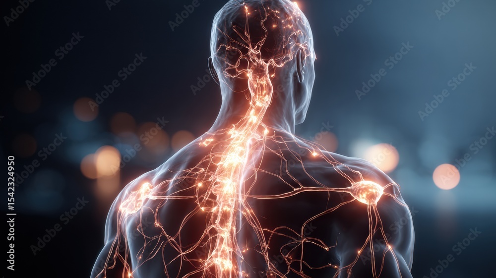 Fototapete man silhouette surrounded by glowing nerve signals in a clinical setting representing neural activit
