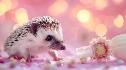 Cute hedgehog drinks milk from a decorated bottle.