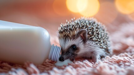 Tiny hedgehog drinks milk from a bottle.