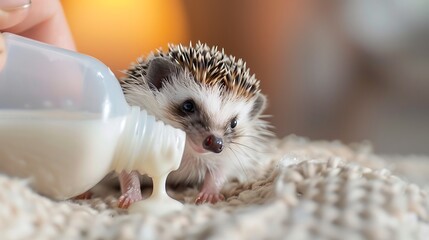 A tiny hedgehog drinks milk from a bottle.
