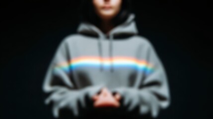 Person in a Gray Hoodie with a Rainbow Stripe Against Dark Background