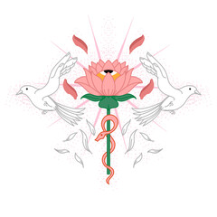 Sacred Lotus Flower and Symmetrical Snakes