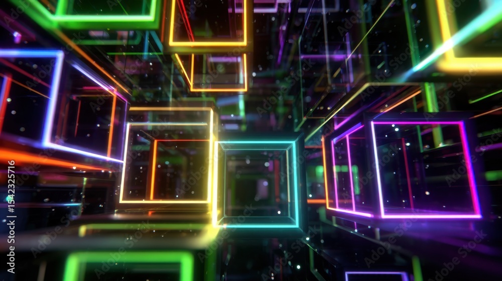 Poster vivid 3d cubes and rectangles in various colors float within a dark space, creating an immersive dig