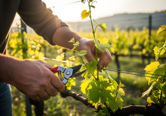 Close-up of a winegrower's hand using secateurs, pruning a grapevine in a sunlit vineyard during springtime.