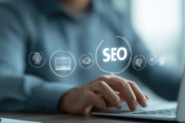Multi exposure of seo icon with man working on computer on background. Concept of search engine optimization