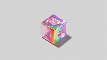 Colorful Transparent Cube with Light Reflections on Gray Background