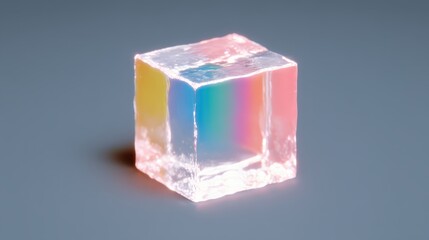 Colorful Ice Cube with Vibrant Reflections on Gray Surface