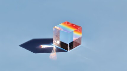 Colorful Reflections of Light through a Glass Prism on Blue Surface