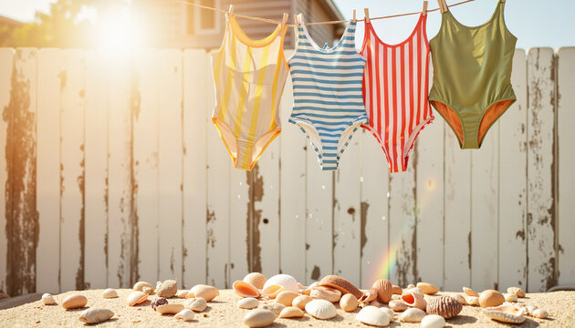Colorful swimsuits hanging on a clothesline by the beach  