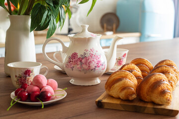 Still life in the kitchen. Beautiful dishes. Porcelain set