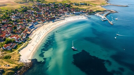 Expansive aerial view of the Danish coastline with sandy beaches and small fishing villages, Denmark