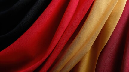 Luxury fashion-inspired abstract background with dramatic folds of fabric in bold red, gold, and black, sharp lighting, shadows creating depth