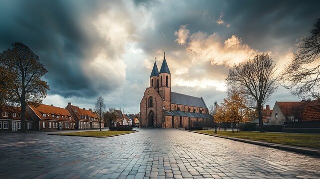 Wide-angle scene of the historic Ribe Cathedral under a dramatic cloudy sky, Denmark