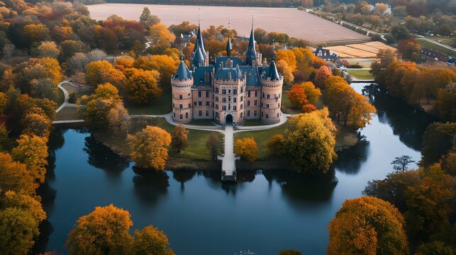 Wide view of Egeskov Castle surrounded by autumn foliage and a large moat, Denmark