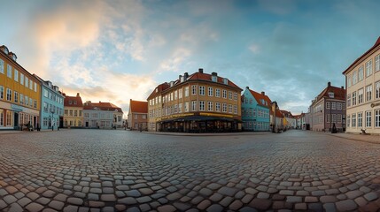 Fototapeta premium Wide shot of the historic town square of Helsingør with colorful buildings and cobblestone streets, Denmark
