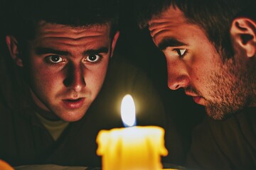 Two Men Intently Observing a Candle in Dim Light