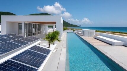 luxury rooftop hotel with solar panels, sunny day, infinity pool nearby, sea in the background, clean architectural lines, eco lifestyle 