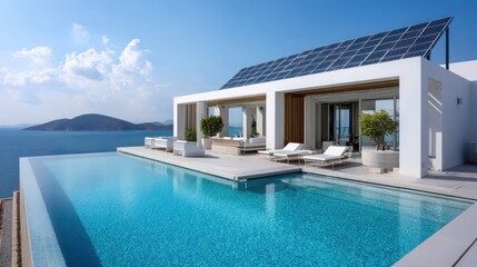 luxury rooftop hotel with solar panels, sunny day, infinity pool nearby, sea in the background, clean architectural lines, eco lifestyle 