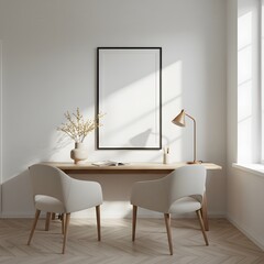 Minimalist home office workspace with mockup poster