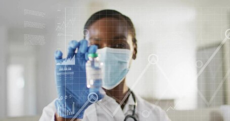 medical worker raising COVID-19 vaccine vial causing charts, line graphs appearing inspecting label - Powered by Adobe