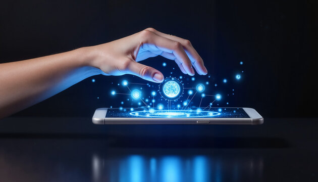 Hand holding a coin above smartphone screen with glowing effects  