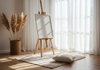 Sunlit Studio with Blank Canvas on Easel, Pampas Grass, and Soft Rug
