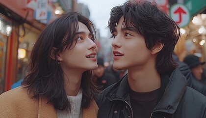 Two Young Men with Curly Hair Smiling at Each Other in a City Street