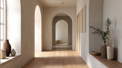 minimalist hallway interior, warm lighting, arched doorways, textured walls, wooden floor, simple decorative elements 
