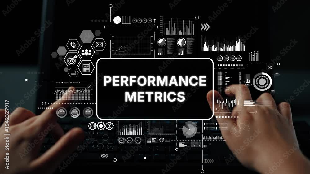 Poster hands typing on keyboard with digital performance metrics visualization displayed in high-tech envir