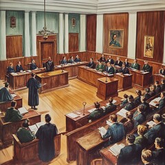 Vintage Illustration Of A Courtroom Scene Judge, Jury, And Spectators In A Formal Setting