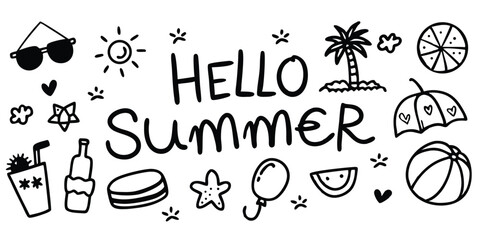 Hand drawn summer doodle collection with sunglasses beach ball and palm tree elements